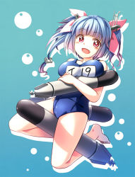 Rule 34 | 10s, 1girl, blue background, blue hair, breasts, bubble, fang, hair ornament, hair ribbon, hatoheriko, i-19 (kancolle), kantai collection, large breasts, long hair, name tag, one-piece swimsuit, open mouth, personification, red eyes, ribbon, school swimsuit, smile, solo, star-shaped pupils, star (symbol), swimsuit, symbol-shaped pupils, torpedo, twintails