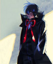 Rule 34 | 1boy, black coat, black hair, black jack (character), black jack (series), breath, coat, collared shirt, film grain, hair over one eye, hands in pockets, husagin, male focus, multicolored hair, open mouth, red ribbon, ribbon, shirt, short hair, stitched face, stitches, trench coat, two-tone hair, white hair