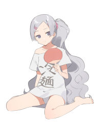 Rule 34 | 1girl, 2l (2lsize), closed mouth, clothes writing, full body, grey hair, grey shirt, hair ornament, hair scrunchie, hairclip, hand fan, hand up, highres, jitome, long hair, looking at viewer, off-shoulder shirt, off shoulder, original, panties, paper fan, purple eyes, scrunchie, shirt, simple background, sitting, solo, tsurime, uchiwa, underwear, very long hair, wariza, wavy hair, white background, white panties