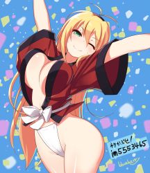 Rule 34 | 1girl, ;), ahoge, arms up, artist name, barefoot, blonde hair, blueberry (5959), blush, bouncing breasts, bow, breasts, cameltoe, collarbone, confetti, cowboy shot, fundoshi, green eyes, groin, hairband, happi, head tilt, hip focus, japanese clothes, large breasts, long hair, navel, no bra, one eye closed, short sleeves, simple background, smile, solo, standing, standing on one leg, sweat, sweatdrop, thighs, tsurumaki maki, vocaloid, voiceroid, wide sleeves