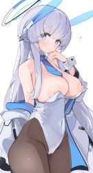 Rule 34 | 1girl, blue archive, blue necktie, breasts, cleavage, detached collar, grey hair, grey leotard, halo, headgear, highres, jacket, large breasts, leotard, long hair, looking at viewer, mikozin, necktie, nipples, noa (blue archive), off shoulder, pantyhose, playboy bunny, purple eyes, sidelocks, simple background, smile, solo, very long hair, white background, wrist cuffs