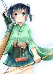 Rule 34 | 10s, 1girl, archery, arrow (projectile), bad id, bad pixiv id, blue eyes, blue hair, blush, bow (weapon), breasts, gloves, hair between eyes, hakama, hakama short skirt, hakama skirt, japanese clothes, kantai collection, kyuudou, large breasts, looking at viewer, matching hair/eyes, muneate, partially fingerless gloves, partly fingerless gloves, personification, quiver, ribbon, short hair, simple background, single glove, skirt, smile, solo, souryuu (kancolle), tobiuo (mochimame), twintails, weapon, yugake