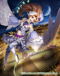Rule 34 | boots, brown hair, cardfight!! vanguard, company name, earrings, facial tattoo, feathered wings, feathers, hat, high heel boots, high heels, jewelry, long hair, midriff, moon, moonlight melody tamer betty, musical note, navel, necklace, niccohudou, night, night sky, official art, open mouth, pantyhose, pointy ears, purple eyes, sky, solo, tattoo, teeth, wings
