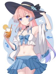 Rule 34 | 1girl, arm up, armpits, bare shoulders, bikini, black choker, black headwear, blue bow, blue hair, blue skirt, bow, breasts, choker, commentary, cowboy shot, cup, drinking glass, drinking straw, food, fruit, genshin impact, gradient hair, hand up, highres, holding, holding cup, jacket, lemon, lemon slice, long hair, looking at viewer, miniskirt, multicolored hair, navel, off shoulder, open clothes, open jacket, pink hair, pleated skirt, purple eyes, sangonomiya kokomi, short sleeves, skirt, small breasts, smile, solo, standing, stomach, swimsuit, thighs, very long hair, white background, white bikini, white jacket, zerosama (sailuojiang)