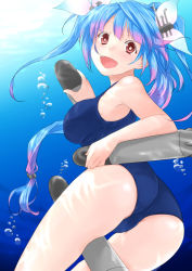 Rule 34 | 10s, 1girl, :d, air bubble, ass, blue hair, bubble, ekra, fang, gradient hair, hair ornament, hair ribbon, i-19 (kancolle), kantai collection, long hair, multicolored hair, open mouth, pink hair, red eyes, ribbon, smile, solo, star-shaped pupils, star (symbol), symbol-shaped pupils, torpedo, twintails, underwater