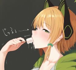 Rule 34 | 1girl, absurdres, animal ear headphones, animal ears, blonde hair, blue archive, blush, bow, cat ear headphones, cat ears, commentary request, commission, dio nand, fake animal ears, fellatio, food, food in mouth, green bow, green eyes, green halo, grey background, half-closed eyes, halo, headphones, highres, holding, holding food, holding popsicle, ice cream, low-tied sidelocks, midori (blue archive), oral, popsicle, sexually suggestive, short hair, simulated fellatio, skeb commission, solo