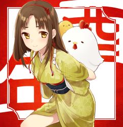 Rule 34 | 1girl, bird, blush, breasts, brown hair, chick, chicken, chinese zodiac, chisumi, closed mouth, floral print, japanese clothes, kimono, leaning forward, long hair, looking at viewer, medium breasts, obi, original, sash, sidelocks, smile, solo, string, string of fate, tasuki, thick eyebrows, year of the rooster, yellow eyes, yellow kimono