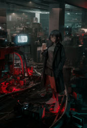 Rule 34 | 1girl, absurdres, black eyes, black hair, black skirt, breasts, cable, coat, cup, dark room, hair between eyes, hand in pocket, highres, holding, holding cup, lm7 (op-center), medium breasts, original, scenery, shoes, short hair, skirt, sneakers, solo, television, trench coat, white footwear, wire