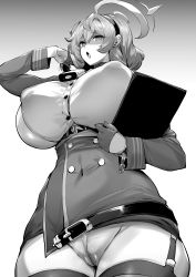Rule 34 | 1girl, absurdres, ako (blue archive), arm up, belt, blue archive, breasts, breasts apart, covered erect nipples, covered navel, ear piercing, from below, gloves, hairband, halo, highres, huge breasts, medium hair, monochrome, piercing, pussy, pussy peek, shirt, skin tight, skindentation, solo, thick thighs, thighs, thirty 8ght, wedgie