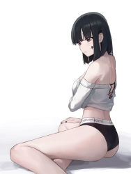 Rule 34 | 1girl, absurdres, ass, back, bare legs, bare shoulders, black hair, black nails, black panties, blunt bangs, bob cut, breast hold, breasts, brown eyes, calvin klein, closed mouth, crop top, detached sleeves, facial tattoo, feet out of frame, from side, hand on own knee, highres, korean commentary, large breasts, looking to the side, mac star, midriff, nail polish, off-shoulder shirt, off shoulder, original, panties, shirt, short hair, simple background, sitting, solo, star tattoo, tattoo, thighs, underwear, wedgie, white background