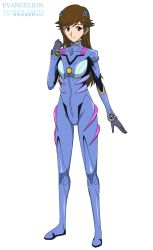 Rule 34 | 1girl, alternate color, artist request, blue bodysuit, bodysuit, brown eyes, brown hair, character name, interface headset, long hair, looking at viewer, neon genesis evangelion, plugsuit, rebuild of evangelion, shiny clothes, simple background, smile, solo, standing, suzuhara sakura, translation request
