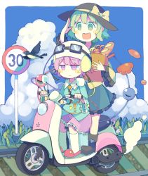 Rule 34 | 2girls, :d, bag, baron (x5qgeh), bird, blush stickers, boots, border, bow, bread, cloud, cloudy sky, commentary request, day, eyebrows, food, frilled skirt, frilled sleeves, frills, goggles, goggles on headwear, unworn goggles, green eyes, green hair, happy, hat, hat bow, heart, helmet, holding, holding bag, jacket, jitome, komeiji koishi, komeiji satori, motor vehicle, multiple girls, multiple riders, open mouth, outdoors, outside border, paper bag, pink eyes, pink hair, railroad tracks, riding, road sign, scooter, short hair, sign, skirt, sky, slippers, smile, smoke, socks, speed limit sign, teeth, third eye, touhou, white border, white legwear