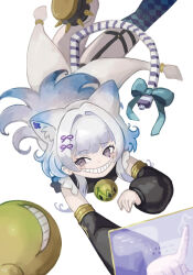 1girl animal_ears bell blue_bow bow brown_eyes cat_ears cat_girl checkered_clothes checkered_legwear clenched_teeth detached_sleeves duel_monster evil_grin evil_smile grin ishii_(young-moon) lying maliss_&lt;p&gt;_chessy_cat multicolored_hair neck_bell on_stomach simple_background smile teeth two-tone_hair usb white_background yu-gi-oh!