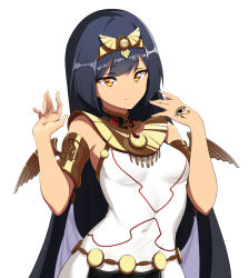 Rule 34 | 1girl, absurdres, armlet, belt, breasts, character request, closed mouth, copyright request, covered navel, diadem, dress, egyptian, eye of horus, gem, highres, jewelry, long hair, looking at viewer, nano (nanojyaa), small breasts, solo, tattoo, usekh collar, white background, white dress, wing ornament, yellow eyes
