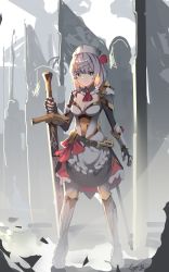 Rule 34 | 1girl, absurdres, apron, armor, banner, belt, blonde hair, boots, braid, braided bangs, breasts, claymore (sword), closed mouth, colored inner hair, combat maid, flower, gar32, gauntlets, genshin impact, greatsword, green eyes, grey hair, hair flower, hair ornament, hat, highres, holding, holding sword, holding weapon, looking at viewer, medium breasts, medium hair, armored boots, multicolored hair, noelle (genshin impact), pantyhose, pauldrons, planted, planted sword, planted weapon, purple hair, red flower, red rose, rose, shoulder armor, signature, solo focus, standing, sword, waist apron, weapon, white headwear, white pantyhose