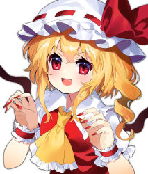 Rule 34 | 1girl, :d, ascot, blonde hair, blush, bow, breasts, claw pose, commentary request, drill hair, fang, fingernails, flandre scarlet, frilled cuffs, frilled shirt collar, frills, hat, hat bow, hat ribbon, highres, looking at viewer, mob cap, nail polish, open mouth, puffy short sleeves, puffy sleeves, red bow, red eyes, red nails, red ribbon, red vest, ribbon, sharp fingernails, short hair, short sleeves, sidelocks, simple background, small breasts, smile, solo, touhou, upper body, v-shaped eyebrows, vest, white background, white hat, wings, yellow ascot, yuujin (yuzinn333)