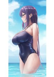 Rule 34 | 1girl, absurdres, arms behind back, bare shoulders, biya (1024), blue eyes, blue one-piece swimsuit, blush, breasts, butterfly tattoo, chest tattoo, closed mouth, commentary, covered navel, from side, highres, large breasts, long hair, one-piece swimsuit, original, outdoors, partially submerged, purple hair, sidelocks, solo, swimsuit, tattoo, thighs, wet, yuna (biya (1024))