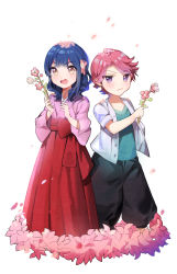 Rule 34 | 2girls, :/, aged down, aqua shirt, baggy pants, black pants, blue hair, blunt bangs, blush, branch, cherry blossoms, child, commentary, falling petals, flower, full body, hakama, hakama skirt, hanayagi kaoruko, hand up, hands up, highres, holding, holding branch, isurugi futaba, japanese clothes, kimono, kongya, long sleeves, looking at object, looking at viewer, medium hair, multiple girls, open clothes, open mouth, open shirt, pants, parted bangs, petals, pink flower, pink hair, pink kimono, purple eyes, red hakama, shirt, short hair, short sleeves, shoujo kageki revue starlight, side-by-side, simple background, skirt, v-shaped eyebrows, white background, white flower, white shirt, wide sleeves, yellow eyes