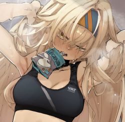 Rule 34 | 1girl, amunero (kyouka jinrui amunero), armpits, arms behind head, blonde hair, blush, breasts, cleavage, commentary request, drink, dutch angle, from above, hairband, highres, hyocorou, long hair, medium breasts, midriff, mouth hold, original, solo, sports bra, steam, sweat, upper body, yellow eyes