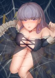 Rule 34 | 1girl, bare shoulders, blue background, blush, breasts, choker, cleavage, fire emblem, fire emblem: the binding blade, fire emblem heroes, highres, jtaka, large breasts, long hair, long sleeves, looking at viewer, nintendo, official alternate costume, purple eyes, purple hair, see-through, silk, solo, sophia (fire emblem), spider web, tagme, very long hair
