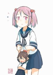 Rule 34 | 10s, 2girls, blush stickers, brown hair, commentary request, fairy (kancolle), hair between eyes, hair bobbles, hair ornament, hanging, kantai collection, kitsuneno denpachi, multiple girls, open mouth, pink eyes, pink hair, pleated skirt, sazanami (kancolle), school uniform, serafuku, skirt, smile, surprised, teeth, translation request, twintails, white background