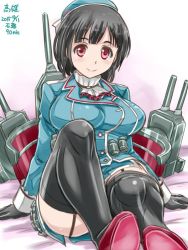 Rule 34 | 10s, 1girl, beret, black gloves, black hair, black thighhighs, breasts, cannon, female focus, garter straps, gloves, hat, jacket, kantai collection, large breasts, military, military uniform, red eyes, short hair, sitting, skirt, smile, solo, takao (kancolle), thighhighs, tsuwabuki-san, turret, uniform