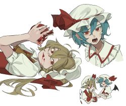 Rule 34 | 2girls, ascot, bat wings, black wings, blonde hair, blue hair, closed mouth, collared shirt, crystal, dee (tannsumi), fingernails, flandre scarlet, food, food on face, frilled shirt collar, frills, fruit, hair between eyes, hat, hat ribbon, highres, holding, holding food, holding fruit, long hair, mob cap, multiple girls, open mouth, pomegranate, red eyes, red ribbon, red vest, remilia scarlet, ribbon, shirt, short hair, short sleeves, siblings, simple background, sisters, tongue, tongue out, touhou, vest, white background, white headwear, white shirt, wings, yellow ascot