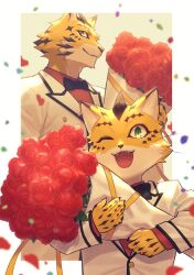 Rule 34 | 2boys, black bow, black bowtie, border, bouquet, bow, bowtie, brown fur, falling petals, flower, formal, furry, furry male, green eyes, holding, holding bouquet, looking at viewer, multicolored fur, multiple boys, one eye closed, open mouth, ose (housamo), panther boy, panther ears, petals, red flower, red rose, red shirt, rose, shirt, smile, suit, tokyo houkago summoners, upper body, whiskers, white border, white suit, yellow fur, young ose (housamo), yow