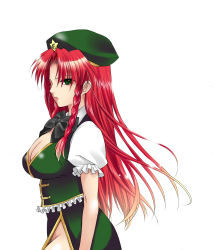 Rule 34 | 1girl, artist request, braid, breasts, china dress, chinese clothes, dress, embodiment of scarlet devil, female focus, green eyes, hat, highres, hong meiling, long hair, meteolance, red hair, simple background, solo, touhou, twin braids, white background