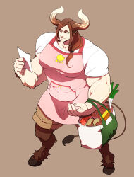 Rule 34 | 1boy, animal ears, animal feet, apron, bag, bread, brown background, brown eyes, brown fur, brown hair, brown shorts, closed mouth, commentary request, cow boy, cow ears, cow tail, egg, food, full body, fur-tipped tail, gensoudanshi, groceries, grocery bag, hair over shoulder, hand up, highres, holding, holding bag, holding paper, hooves, long hair, looking at viewer, male focus, monster boy, muscular, muscular male, original, paper, pink apron, shirt, shopping bag, short sleeves, shorts, simple background, smile, solo, spring onion, tail, white shirt