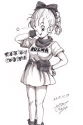 Rule 34 | 1girl, 2017, braid, breasts, bulma, dated, dragon ball, dress, female focus, happy, highres, long hair, looking at viewer, monochrome, one eye closed, smile, solo, translation request, tsuru hiromi, voice actor, voice actor connection, wink, young jijii