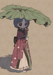 Rule 34 | 1girl, absurdres, back bow, barefoot, black bow, blush, bow, brown background, butterbur, commentary, eyebrows hidden by hair, full body, highres, holding, holding leaf, japanese clothes, kimono, leaf, leaf umbrella, long sleeves, looking at viewer, mini person, minigirl, nama udon, parted lips, purple hair, purple kimono, red eyes, short hair, simple background, smile, solo, standing, sukuna shinmyoumaru, touhou, wide sleeves