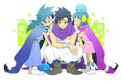 Rule 34 | 1girl, 2boys, blue eyes, blue hair, bow, brother and sister, cape, child, clooo, dragon quest, dragon quest v, family, father and daughter, father and son, hair bow, hero&#039;s daughter (dq5), hero&#039;s son (dq5), hero (dq5), multiple boys, siblings, slime (dragon quest), twins, whispering, yellow bow
