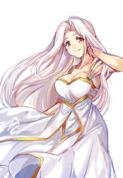 Rule 34 | 1girl, breasts, cleavage, dress, fate/zero, fate (series), floating hair, hair intakes, hand in own hair, irisviel von einzbern, irisviel von einzbern (angel&#039;s song), large breasts, long dress, long hair, looking at viewer, red eyes, shida (xwheel), silver hair, simple background, sleeveless, sleeveless dress, smile, solo, standing, very long hair, white background, white dress