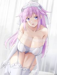 Rule 34 | 1girl, adult neptune, bare shoulders, blush, breasts, camisole, choujigen game neptune, cleavage, collarbone, elbow gloves, garter straps, gloves, gradient eyes, headdress, highres, keenh, kneeling, large breasts, leaning forward, long hair, looking at viewer, multicolored eyes, neptune (neptunia), neptune (series), open mouth, panties, panty pull, purple eyes, purple hair, see-through, sidelocks, solo, thighhighs, underwear, undressing, white gloves, white panties, white thighhighs