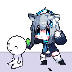 Rule 34 | 1boy, 1girl, animal ears, animated, animated gif, black footwear, black jacket, black skirt, blue archive, blue eyes, blue halo, blue scarf, blush, chibi, closed mouth, doodle sensei (blue archive), downvote (downvote me), grey hair, halo, jacket, long sleeves, lowres, pixel art, scarf, sensei (blue archive), shiroko (blue archive), skirt, socks, white socks, wolf ears, wolf girl
