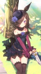 Rule 34 | 1girl, absurdres, animal ears, bare shoulders, blue flower, blue rose, blush, brown hair, brown thighhighs, closed mouth, collarbone, dagger, day, dress, flower, grass, hair over one eye, hat, hat flower, highres, horse ears, horse girl, horse tail, kinos (kw00789), knife, lips, long hair, long sleeves, looking at viewer, off-shoulder dress, off shoulder, outdoors, purple eyes, rice shower (umamusume), rose, sitting, solo, tail, thighhighs, tilted headwear, tree, umamusume, weapon, zettai ryouiki