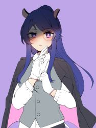 Rule 34 | 1girl, :/, alternate costume, animal ears, black jacket, blazer, blue background, blue eyes, blue hair, blush, braid, breasts, bright pupils, buttons, closed mouth, commentary request, doremy sweet, eyelashes, french braid, gloves, grey vest, hands up, high ponytail, highres, jacket, large breasts, lips, long hair, monocle, no headwear, ponytail, sakikagami, sidelocks, simple background, solo, swept bangs, tapir ears, touhou, upper body, vest, white gloves, white pupils
