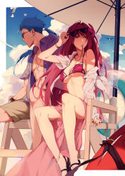 Rule 34 | 1boy, 1girl, absurdres, alternate costume, anklet, beach, beach umbrella, bikini, bird, blue hair, blue sky, bracelet, breasts, buoy, cloud, cloudy sky, cu chulainn (fate), day, earrings, fate/grand order, fate (series), flower, hair flower, hair intakes, hair ornament, hibiscus, highres, jacket, jewelry, cu chulainn (fate/stay night), large breasts, lifeguard chair, looking away, looking to the side, navel, off shoulder, open clothes, open shirt, pink bikini, ponytail, purple bikini, purple hair, red eyes, reroi, sandals, sarong, scathach (fate), scathach (fate), scathach (swimsuit assassin) (fate), seagull, shorts, sky, sunglasses, sweat, swimsuit, umbrella, whistle