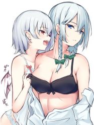Rule 34 | 2girls, :d, bare arms, bare shoulders, bat wings, black bra, blue eyes, blush, borushichi, bow, bra, braid, breasts, camisole, cleavage, collarbone, commentary request, fangs, green bow, hair between eyes, highres, izayoi sakuya, long sleeves, looking at another, medium breasts, mini wings, multiple girls, no headwear, off shoulder, open mouth, panties, pointy ears, red eyes, remilia scarlet, shirt, short hair, silver hair, simple background, smile, touhou, twin braids, underwear, upper body, white background, white panties, white shirt, wings, yuri