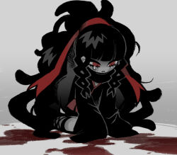 Rule 34 | 1girl, azami (kagerou project), black dress, black footwear, black hair, blood on ground, dress, grey background, hair ribbon, high ponytail, highres, kagerou project, long hair, parted lips, red eyes, red ribbon, ribbon, scales, shoes, simple background, sleeves past fingers, sleeves past wrists, snake hair, solo, tears, tonkatsu184, very long hair