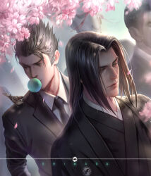 Rule 34 | 2boys, artist request, bird, black hair, blowing bubbles, cherry blossoms, chewing gum, formal, genji (overwatch), hanzo (overwatch), highres, japanese clothes, long hair, looking at animal, looking to the side, male focus, multiple boys, necktie, overwatch, short hair, sparrow, suit, young genji, young hanzo