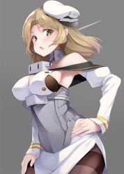 Rule 34 | 1girl, :o, armpits, black pantyhose, blonde hair, blush, breasts, brown eyes, cleavage, grey background, hand on own hip, hat, headgear, houston (kancolle), kantai collection, long sleeves, medium breasts, medium hair, mofu namako, open mouth, pantyhose, side slit, sideboob, simple background, skirt, solo, thighband pantyhose, white hat, white skirt