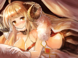 Rule 34 | 10s, 1girl, ahoge, anila (granblue fantasy), black skirt, blonde hair, blush, breasts, draph, edobox, eyebrows, female focus, fur trim, gloves, granblue fantasy, horns, large breasts, looking at viewer, lying, miniskirt, on stomach, sheep horns, skirt, smile, solo, thick eyebrows, white gloves, yellow eyes
