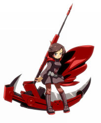 Rule 34 | 1girl, bad id, bad pixiv id, black pantyhose, boots, brown hair, cape, cross, full body, grey eyes, highres, ogihara mach, pantyhose, ruby rose, rwby, scythe, short hair, simple background, skirt, solo, weapon, white background