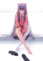 Rule 34 | 1girl, absurdres, animal ears, bare legs, barefoot, black footwear, blonde hair, blush, cardigan, closed mouth, crossed ankles, full body, glasses, highres, hololive, hololive english, long hair, looking at viewer, multicolored hair, necktie, ninomae ina&#039;nis, no shoes, pink cardigan, pointy ears, purple eyes, purple hair, purple necktie, shoes, unworn shoes, single leg pantyhose, sitting, solo, streaked hair, tallgeese (lgeesel), v arms, very long hair, virtual youtuber, white hair, white legwear