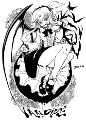 Rule 34 | 1girl, bat wings, black footwear, bow, dated, dress, english text, fangs, flower, frills, frills, greyscale, hair bow, heran hei mao, kurumi (touhou), long hair, looking at viewer, monochrome, puffy sleeves, ribbon, rose, shoes, skirt, smile, socks, solo, touhou, touhou (pc-98), vest, wings
