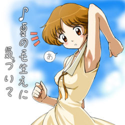 Rule 34 | 1girl, 2004, agatha christie no meitantei poirot to marple, arm up, armpits, blue sky, blush, breasts, brown eyes, brown hair, cloud, collar, day, dress, haruyama kazunori, looking at viewer, lowres, mable west, poirot and marple, ribbon, sky, translation request