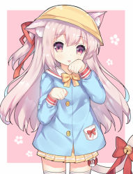 Rule 34 | 1girl, animal ears, azur lane, bell, blush, border, bow, bowtie, buttons, cat ears, cat tail, commentary request, cowboy shot, hair ribbon, hands up, hat, jingle bell, kindergarten uniform, long hair, long sleeves, looking at viewer, miniskirt, one side up, paw pose, pink background, pink eyes, pink hair, pleated skirt, red bow, red ribbon, ribbon, school hat, skirt, solo, standing, tail, tail bell, tail bow, tail ornament, tareme, tengxiang lingnai, thighhighs, very long hair, white border, white thighhighs, yellow bow, yellow bowtie, yellow hat, yellow skirt, zettai ryouiki