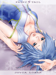 Rule 34 | 10s, 1girl, 2011, arm up, bad id, blue eyes, blue hair, blush, breasts, character name, cleavage, copyright name, dated, fairy tail, juvia lockser, large breasts, lying, matching hair/eyes, natto-mochi, on back, snowflakes, solo, strap slip, upside-down